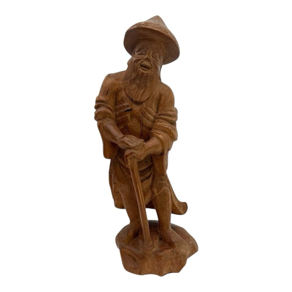 Vtg Hand Carved Wood Chinese Wise Old Man w/walking Stick Statue Figurine 10”EUC